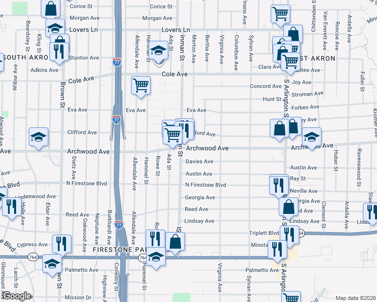 map of restaurants, bars, coffee shops, grocery stores, and more near 761 Davies Avenue in Akron