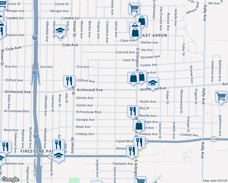 map of restaurants, bars, coffee shops, grocery stores, and more near 884 Davies Avenue in Akron