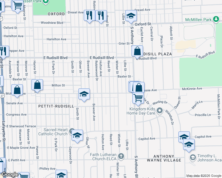 map of restaurants, bars, coffee shops, grocery stores, and more near 4217 Reed Street in Fort Wayne