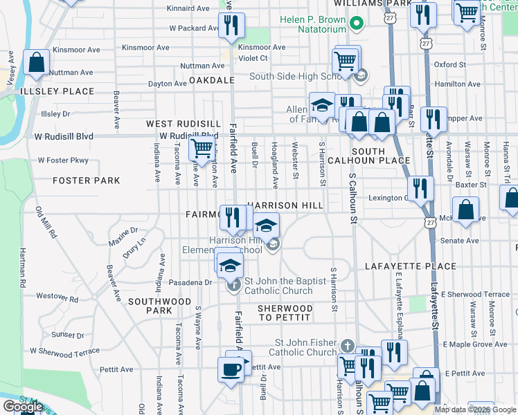 map of restaurants, bars, coffee shops, grocery stores, and more near 4123 Buell Drive in Fort Wayne