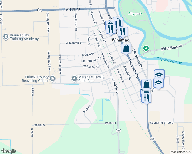 map of restaurants, bars, coffee shops, grocery stores, and more near 444 West South Street in Winamac