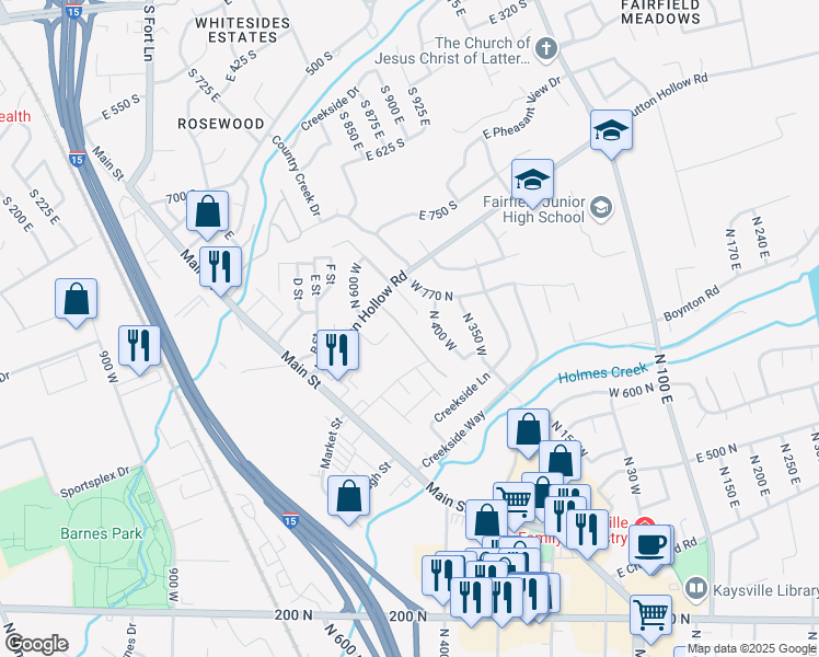 map of restaurants, bars, coffee shops, grocery stores, and more near 742 Stonne Lane in Kaysville