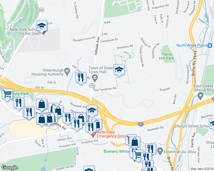 map of restaurants, bars, coffee shops, grocery stores, and more near 290 Old Tarrytown Road in White Plains