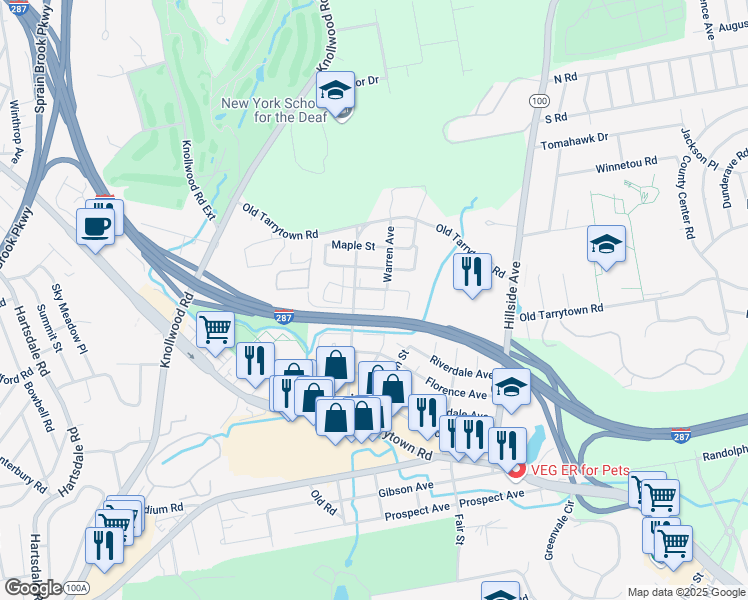 map of restaurants, bars, coffee shops, grocery stores, and more near 33 Oak Street in White Plains