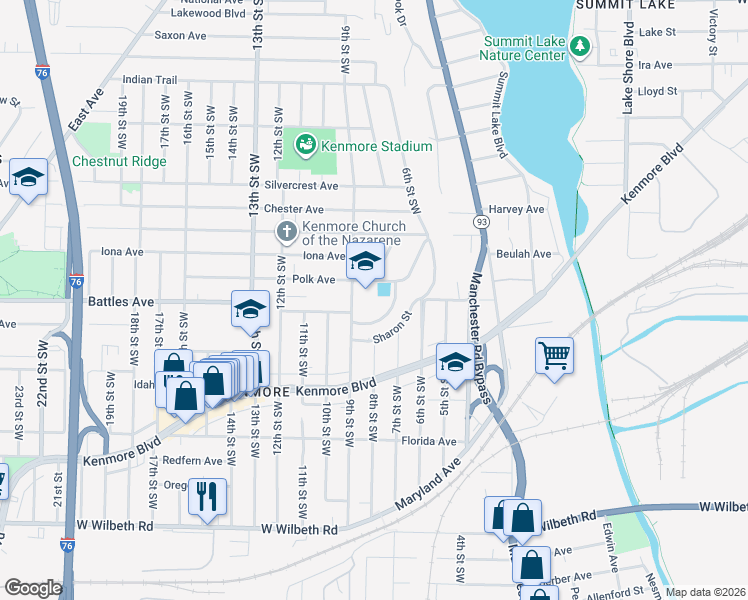 map of restaurants, bars, coffee shops, grocery stores, and more near 2081 9th Street Southwest in Akron