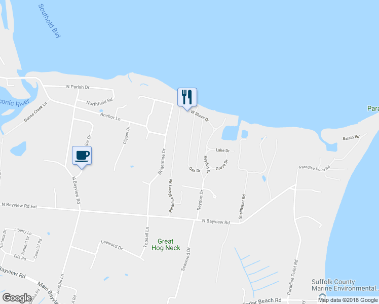 map of restaurants, bars, coffee shops, grocery stores, and more near 557 Oak Drive in Southold