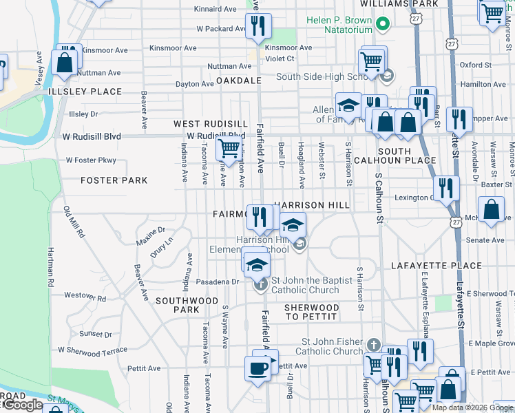 map of restaurants, bars, coffee shops, grocery stores, and more near 4124 Fairfield Avenue in Fort Wayne
