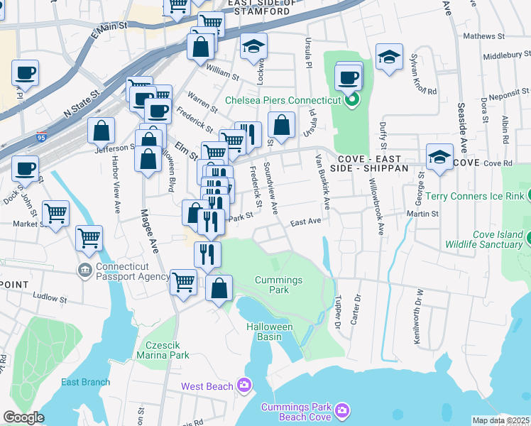 map of restaurants, bars, coffee shops, grocery stores, and more near 2 Owen Street in Stamford
