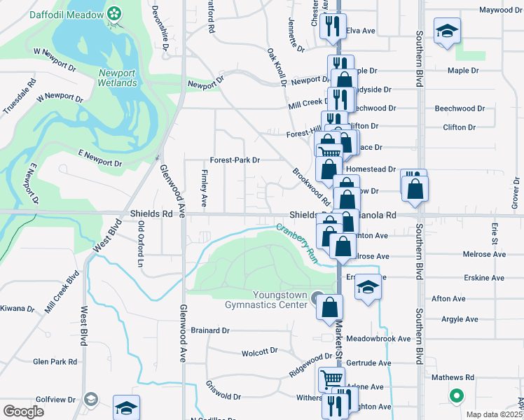 map of restaurants, bars, coffee shops, grocery stores, and more near 137 Shields Road in Youngstown
