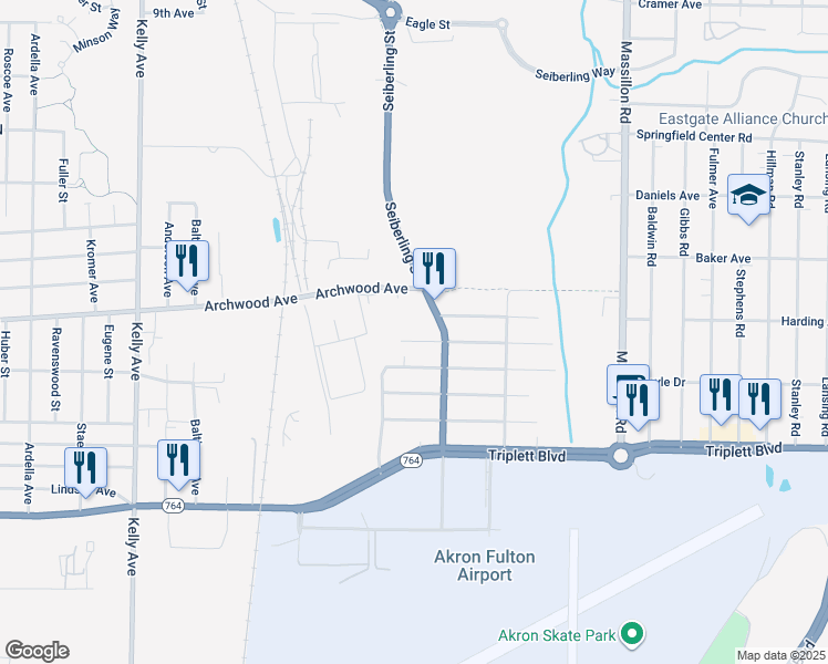 map of restaurants, bars, coffee shops, grocery stores, and more near 1500 Hobart Avenue in Akron