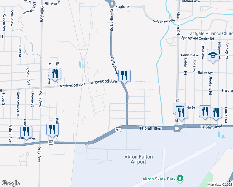 map of restaurants, bars, coffee shops, grocery stores, and more near 1500 Hobart Avenue in Akron