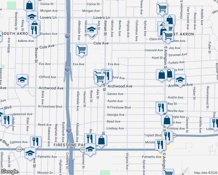 map of restaurants, bars, coffee shops, grocery stores, and more near 761 Davies Avenue in Akron