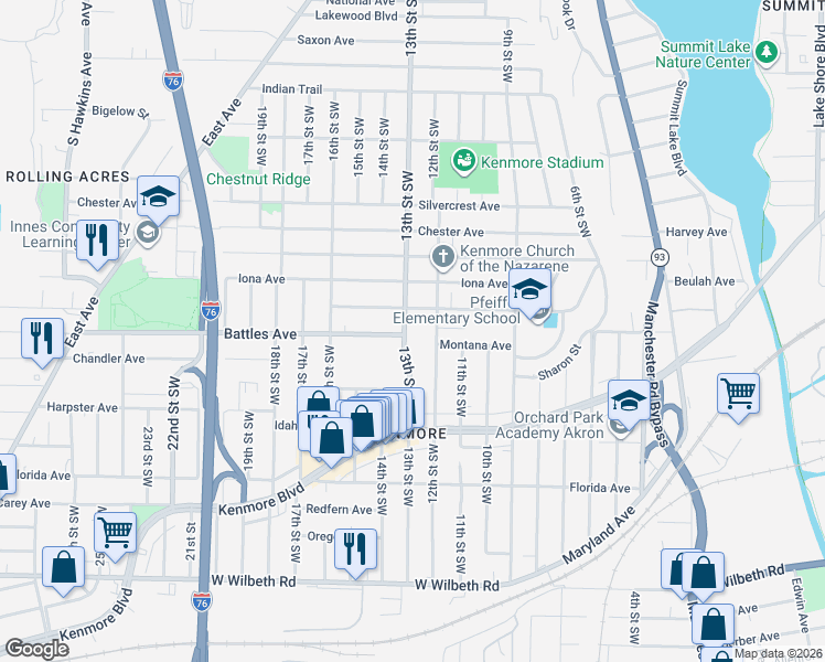 map of restaurants, bars, coffee shops, grocery stores, and more near 2114 12th Street Southwest in Akron