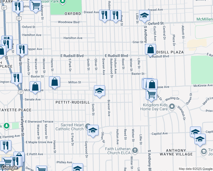 map of restaurants, bars, coffee shops, grocery stores, and more near 1302 McKinnie Avenue in Fort Wayne
