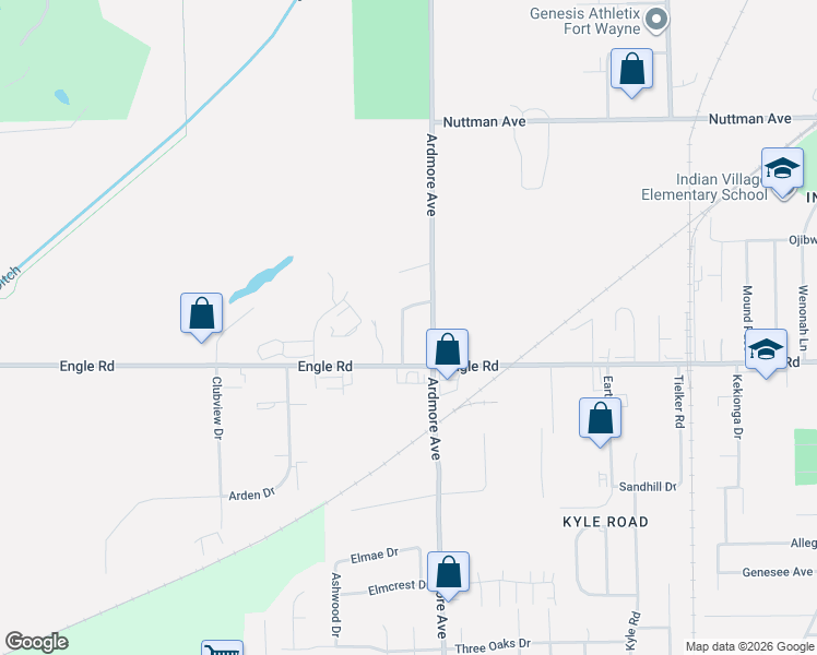 map of restaurants, bars, coffee shops, grocery stores, and more near 4130 Westbury Drive in Fort Wayne