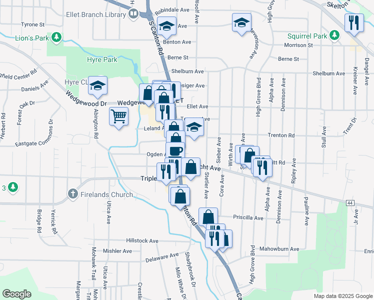 map of restaurants, bars, coffee shops, grocery stores, and more near 629 Canton Road in Akron