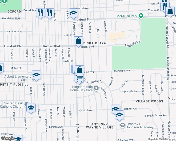 map of restaurants, bars, coffee shops, grocery stores, and more near 4211 Plaza Drive in Fort Wayne