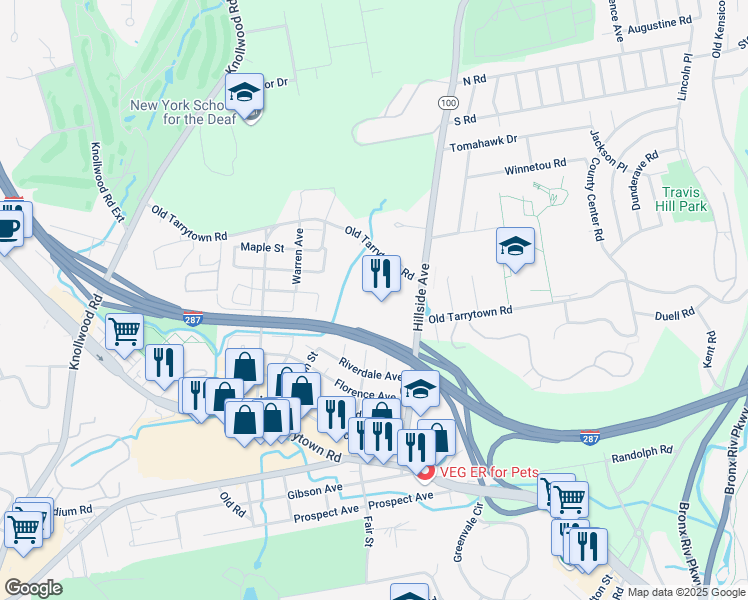 map of restaurants, bars, coffee shops, grocery stores, and more near 100 Hillside Avenue in White Plains