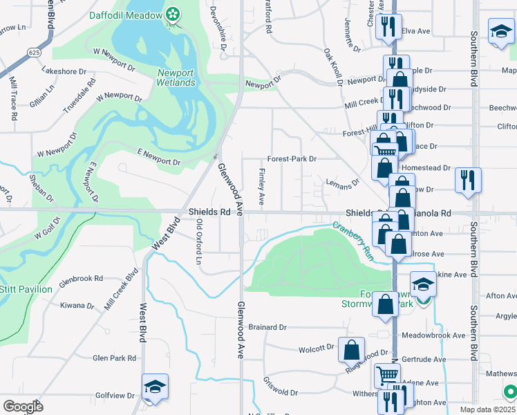 map of restaurants, bars, coffee shops, grocery stores, and more near 272 Shields Road in Youngstown