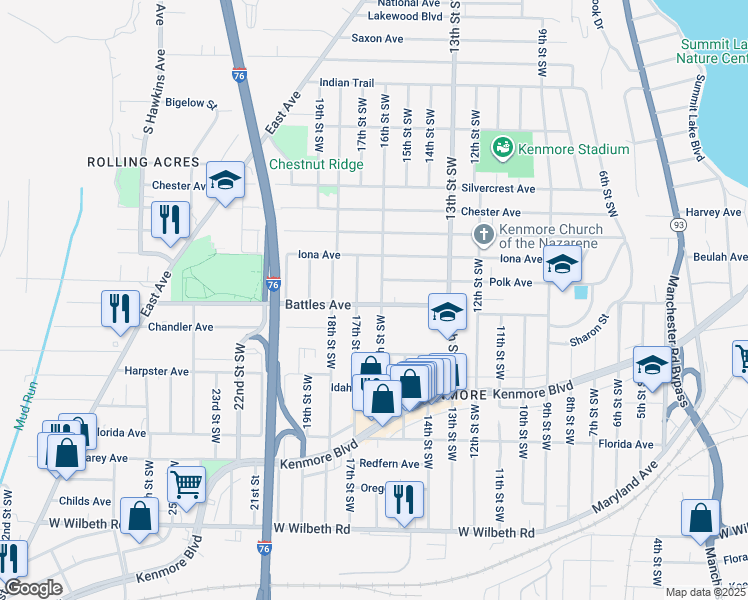 map of restaurants, bars, coffee shops, grocery stores, and more near 2090 16th Street Southwest in Akron
