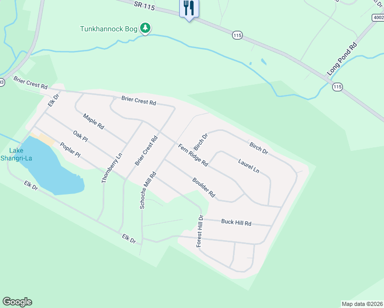 map of restaurants, bars, coffee shops, grocery stores, and more near Fern Ridge Road in Albrightsville