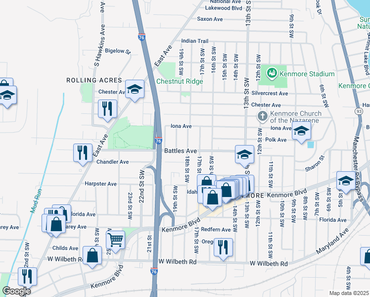 map of restaurants, bars, coffee shops, grocery stores, and more near 2094 18th Street Southwest in Akron