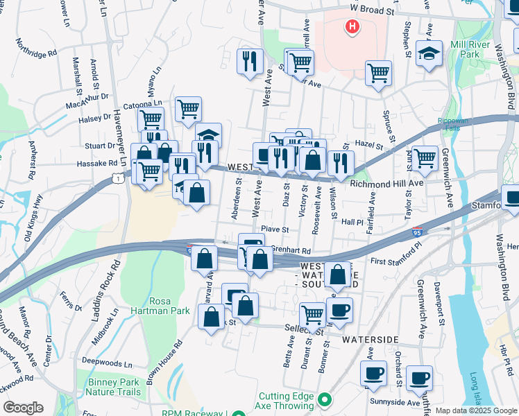map of restaurants, bars, coffee shops, grocery stores, and more near 177 West Avenue in Stamford