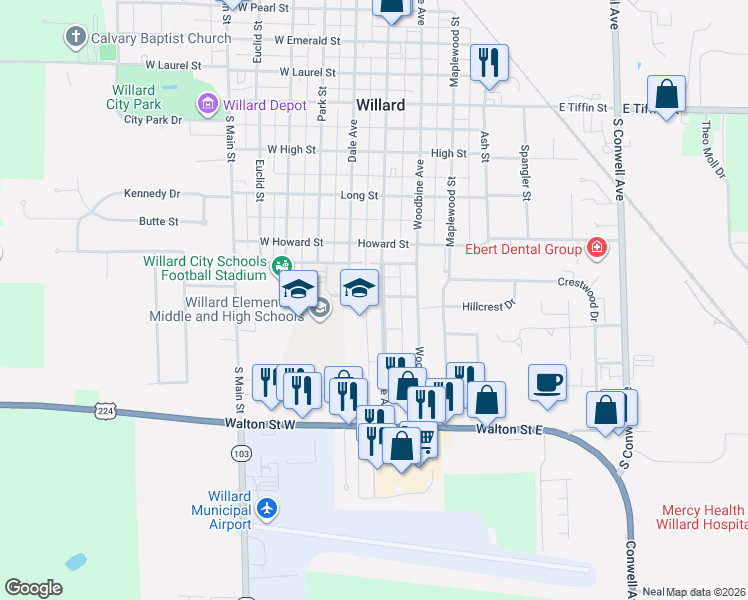 map of restaurants, bars, coffee shops, grocery stores, and more near 830 South Myrtle Avenue in Willard