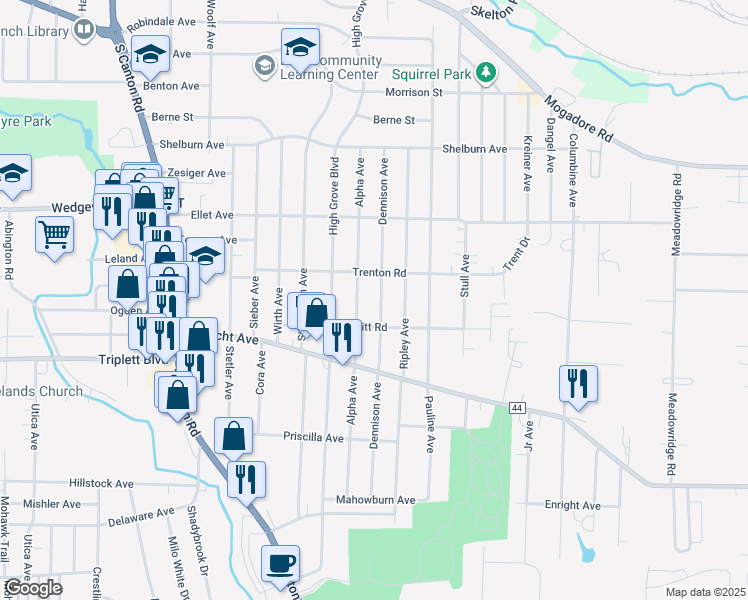 map of restaurants, bars, coffee shops, grocery stores, and more near 386 Dennison Avenue in Akron