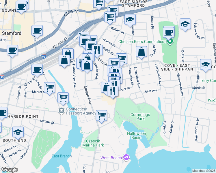 map of restaurants, bars, coffee shops, grocery stores, and more near 62 Wardwell Street in Stamford