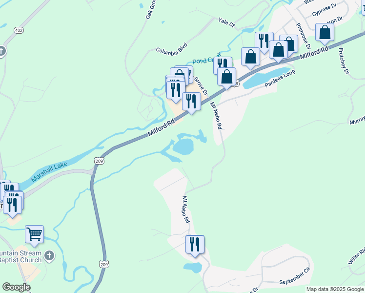 map of restaurants, bars, coffee shops, grocery stores, and more near 4494 Milford Road in East Stroudsburg