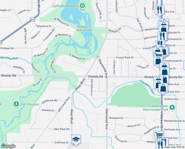 map of restaurants, bars, coffee shops, grocery stores, and more near 5116 Allen Drive in Youngstown