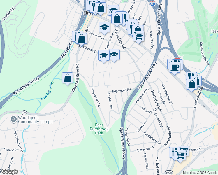 map of restaurants, bars, coffee shops, grocery stores, and more near 34 Evarts Avenue in White Plains