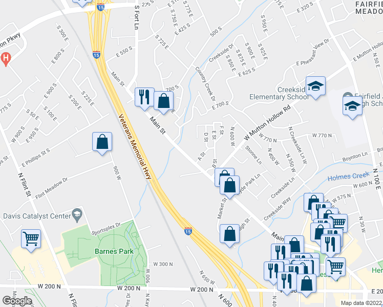 map of restaurants, bars, coffee shops, grocery stores, and more near 917 South Main Street in Layton