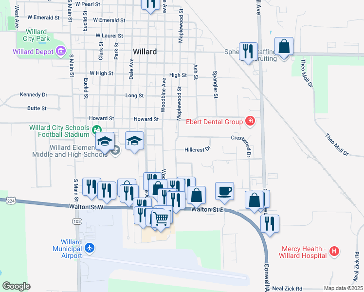 map of restaurants, bars, coffee shops, grocery stores, and more near 830 Maplewood Street in Willard