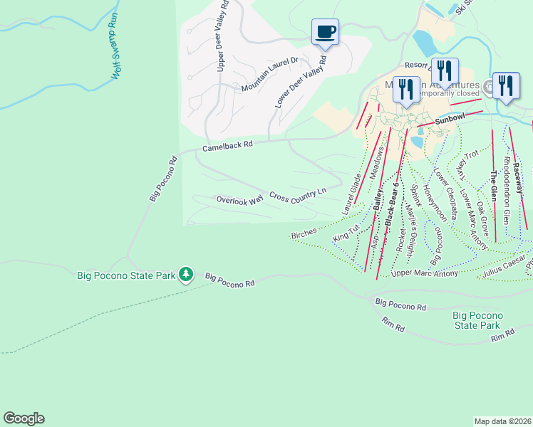 map of restaurants, bars, coffee shops, grocery stores, and more near 201-257 Overlook Way in Tannersville