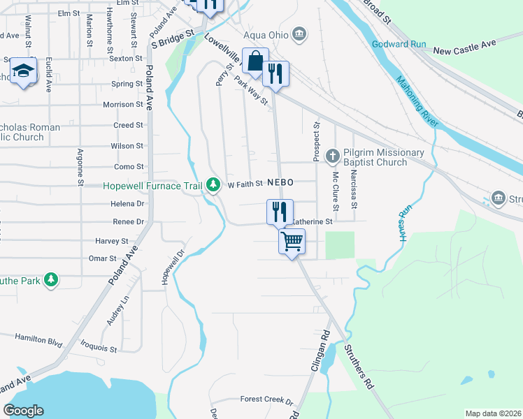 map of restaurants, bars, coffee shops, grocery stores, and more near 23 West Lewis Street in Struthers