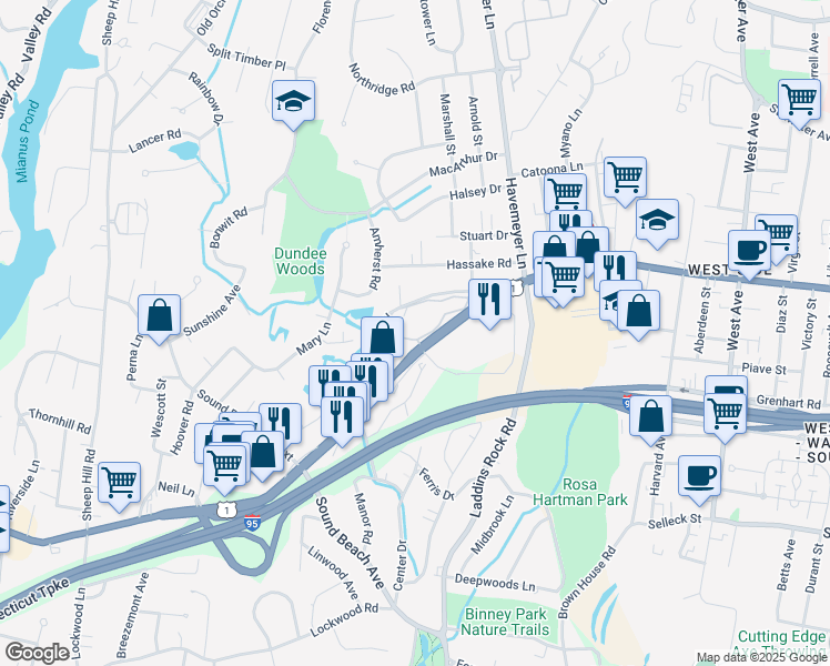map of restaurants, bars, coffee shops, grocery stores, and more near 19 Old Kings Highway in Greenwich