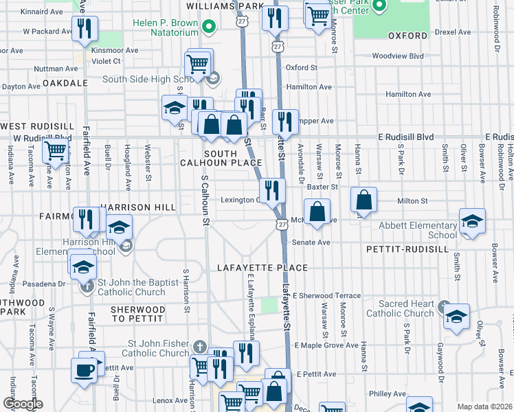 map of restaurants, bars, coffee shops, grocery stores, and more near 322 Lexington Court in Fort Wayne