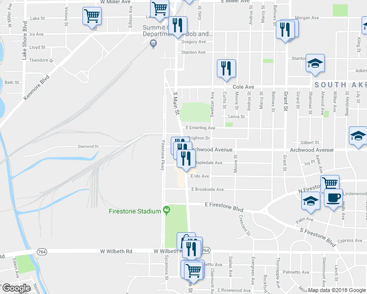 map of restaurants, bars, coffee shops, grocery stores, and more near 2 West Archwood Avenue in Akron