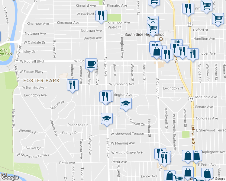 map of restaurants, bars, coffee shops, grocery stores, and more near 4122 Buell Drive in Fort Wayne