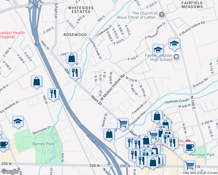 map of restaurants, bars, coffee shops, grocery stores, and more near 628 West Mutton Hollow Road in Kaysville