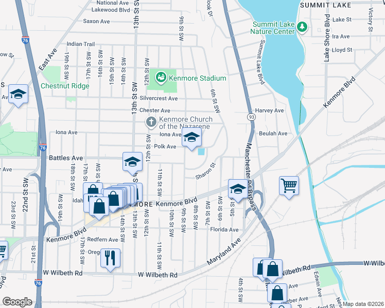 map of restaurants, bars, coffee shops, grocery stores, and more near 2081 9th Street Southwest in Akron