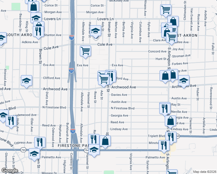 map of restaurants, bars, coffee shops, grocery stores, and more near E Archwood Ave & Inman St in Akron