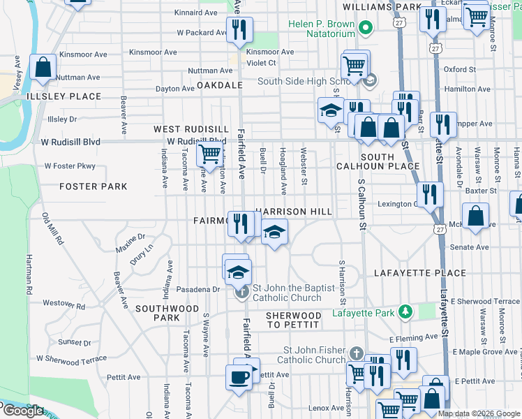 map of restaurants, bars, coffee shops, grocery stores, and more near 4122 Buell Drive in Fort Wayne