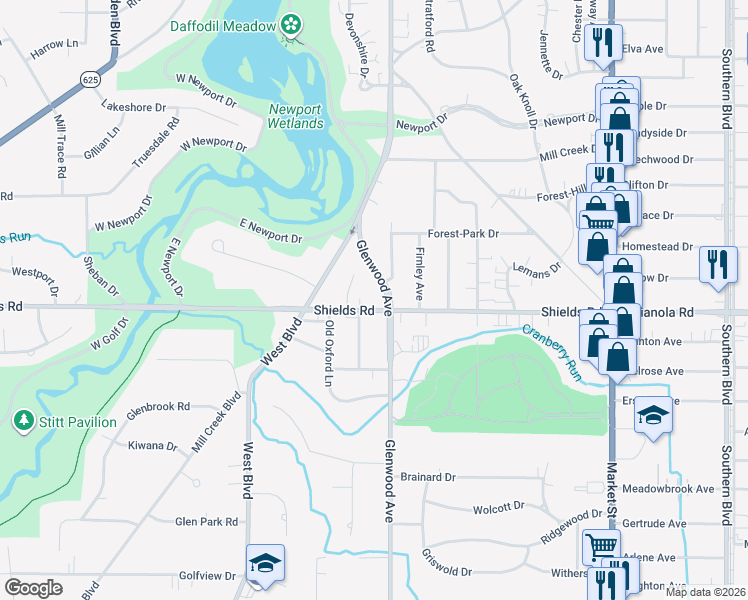map of restaurants, bars, coffee shops, grocery stores, and more near 5100 Glenwood Avenue in Youngstown