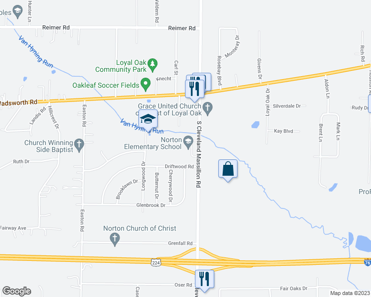 map of restaurants, bars, coffee shops, grocery stores, and more near 3390 South Cleveland Massillon Road in Norton