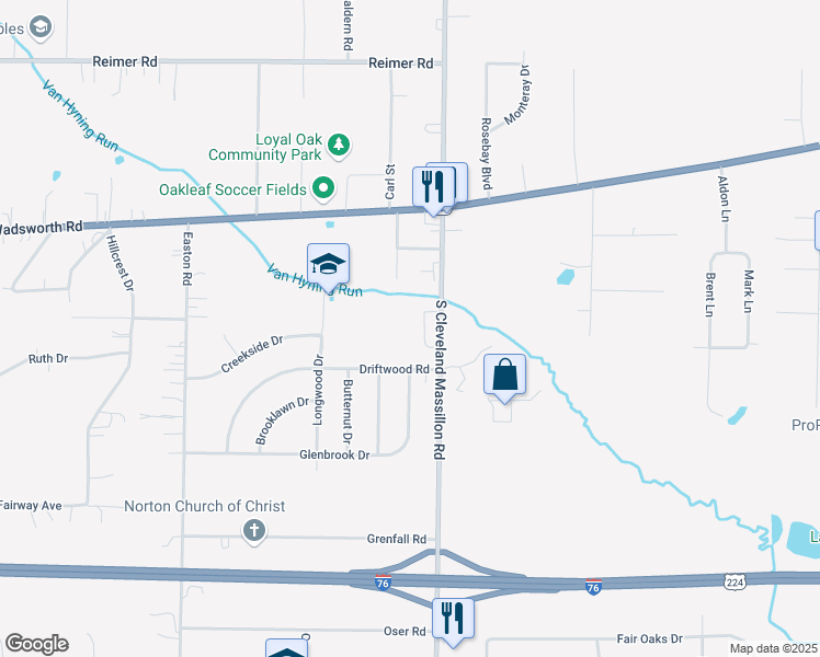 map of restaurants, bars, coffee shops, grocery stores, and more near 3390 South Cleveland Massillon Road in Norton