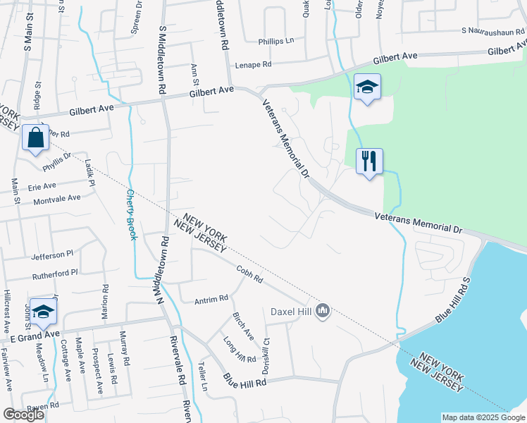 map of restaurants, bars, coffee shops, grocery stores, and more near Blue Hill Plaza in Pearl River
