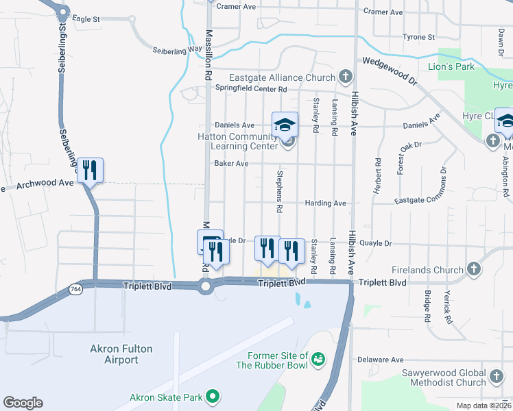 map of restaurants, bars, coffee shops, grocery stores, and more near 503 Gibbs Road in Akron
